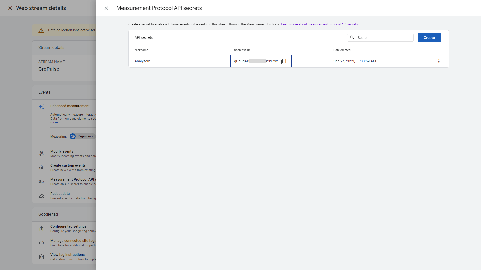 Copy the Measurement Protocol API Secret Key