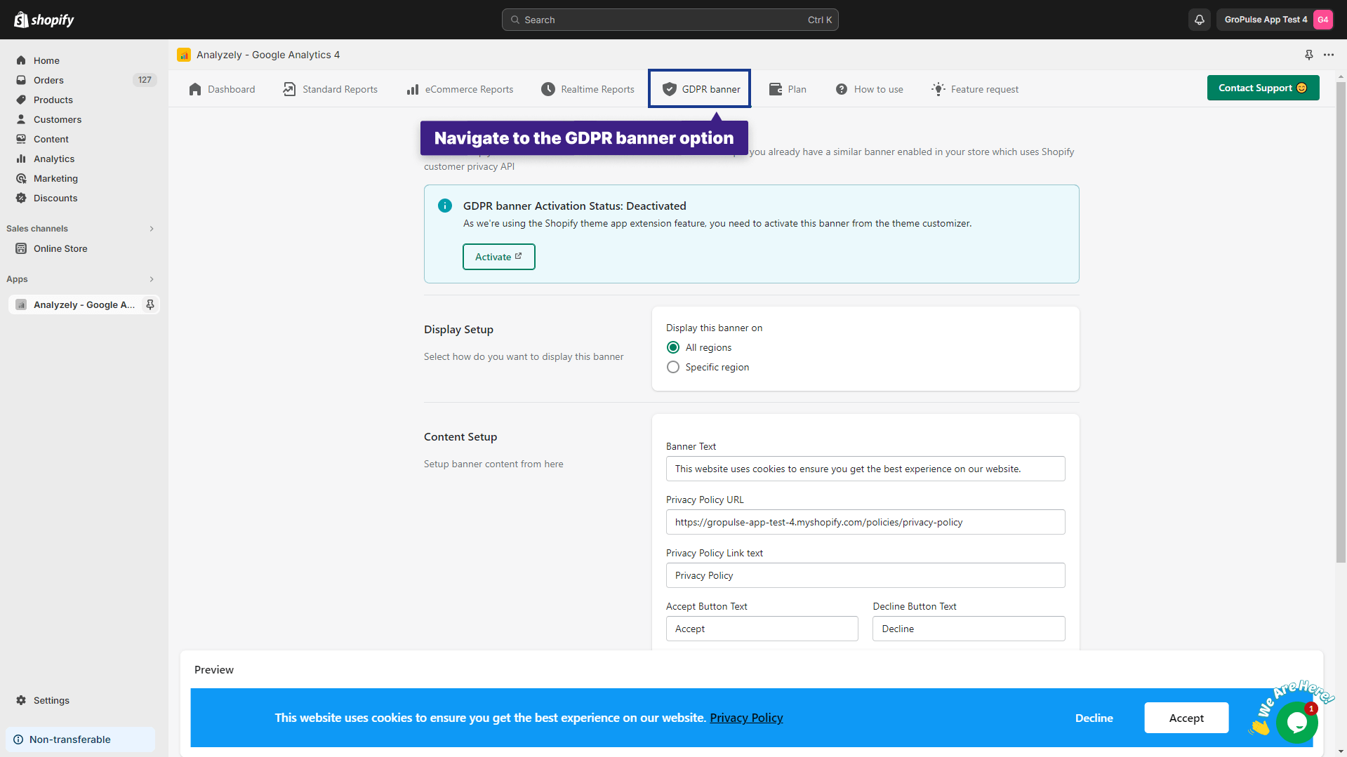 Navigate to the GDPR Banner Section