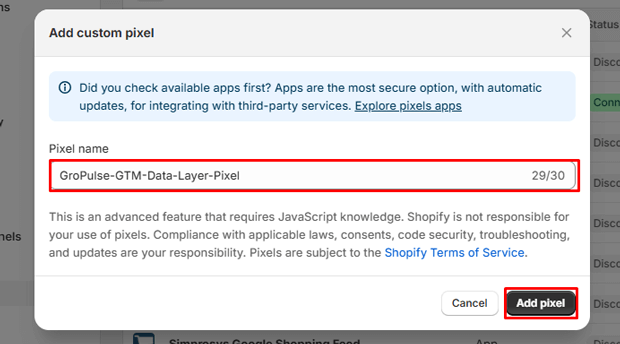 Enter the custom pixel name and click add pixel button