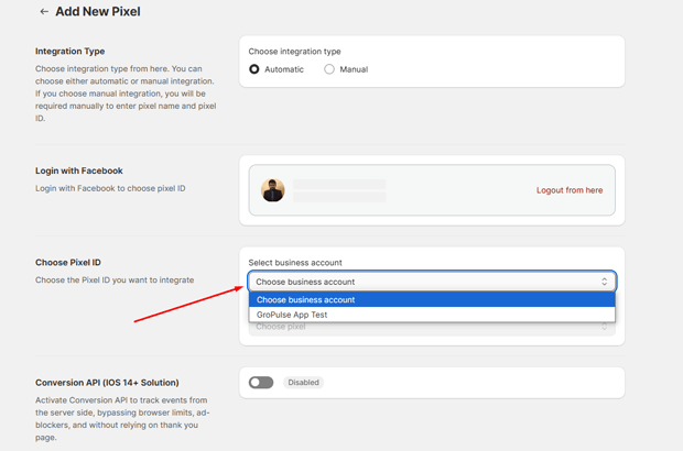 Select the Facebook Business Manager account