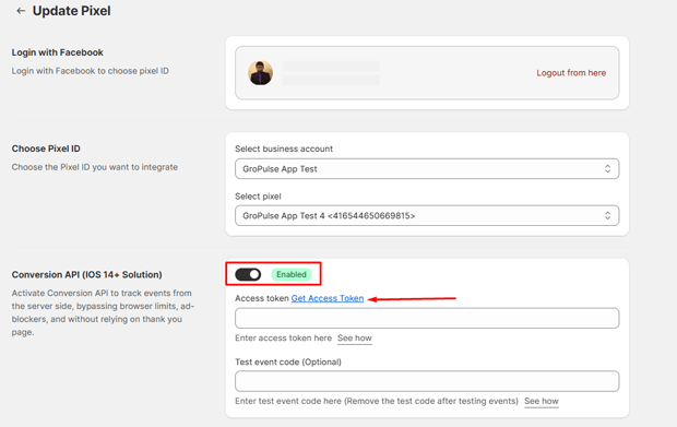 Enable the Conversion API by toggling the switch.