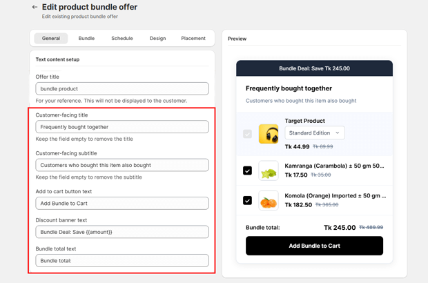 Customize the Bundle Text