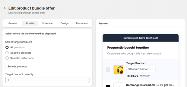 Select where the bundle should be displayed