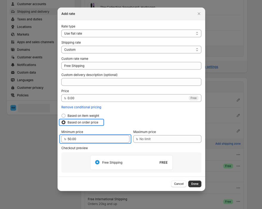 enter the minimum order value