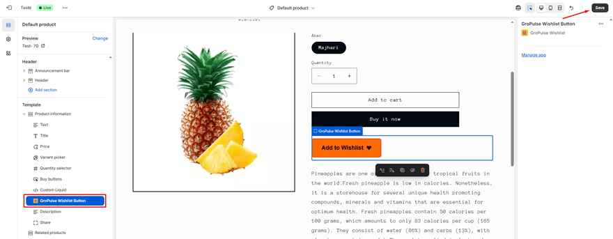 Save button in the theme customizer
