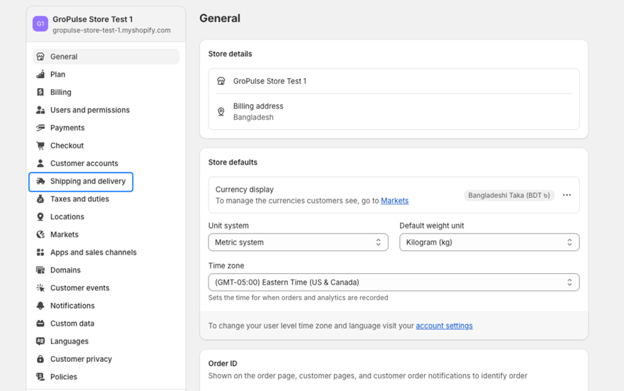 Go to Shipping and delivery Settings