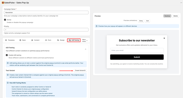 Enable A/B Testing Popups