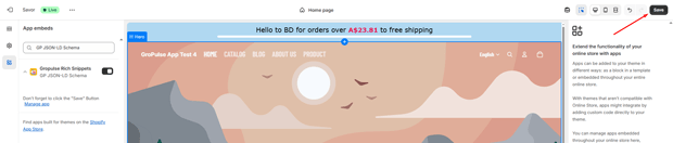Ensure the app block is toggled ON and click Save