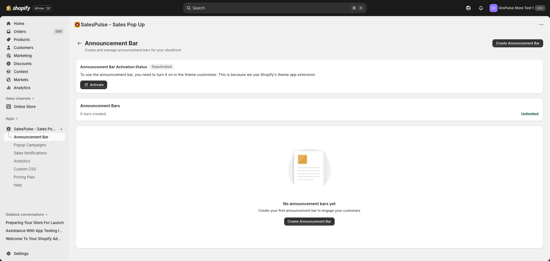 Announcement Bar list page showing activation status and bar management
