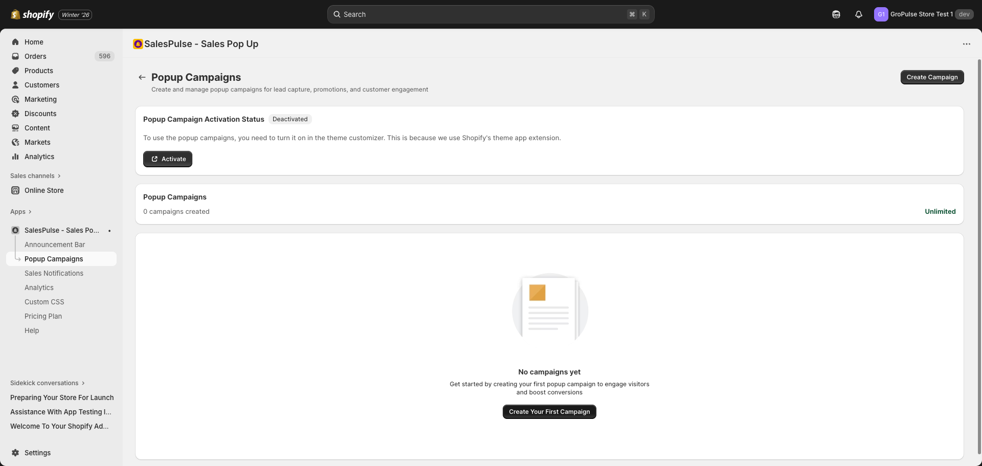 Popup Campaigns list page showing activation status and campaign management
