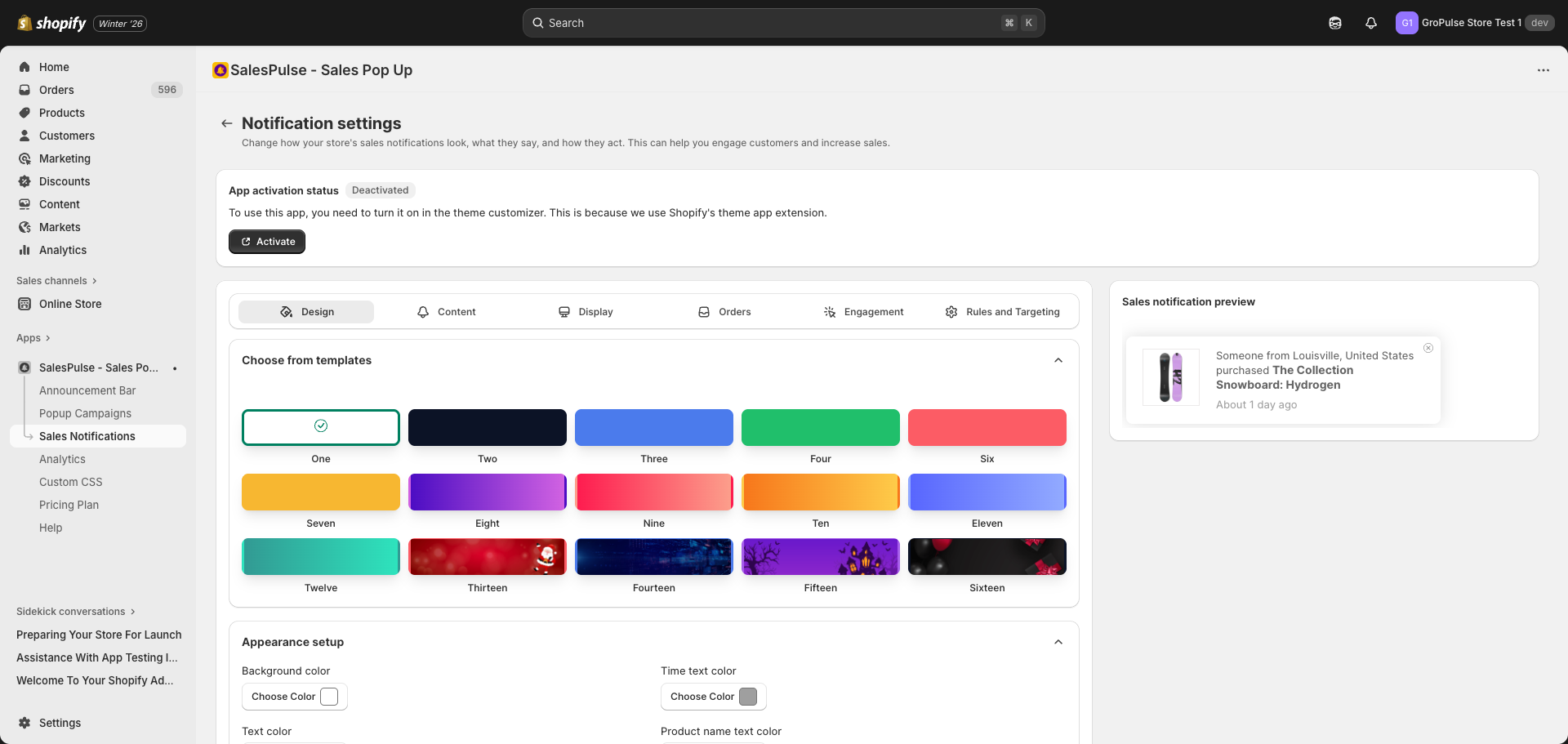 Sales Notifications settings page