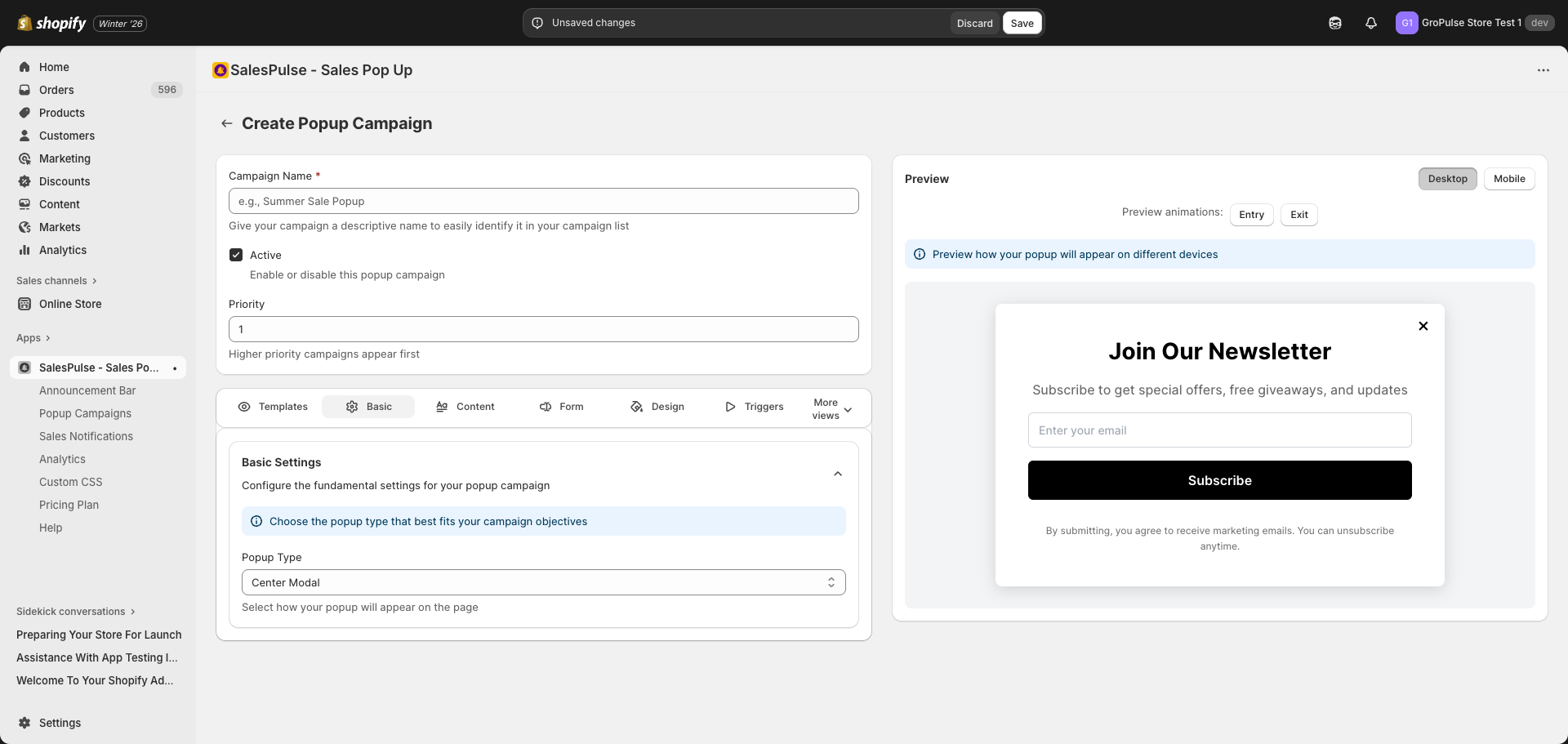 Basic Settings tab showing popup type options