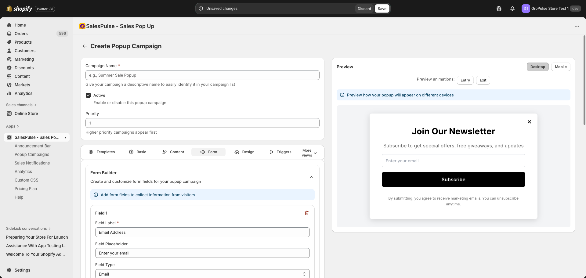 Form Builder tab showing field configuration