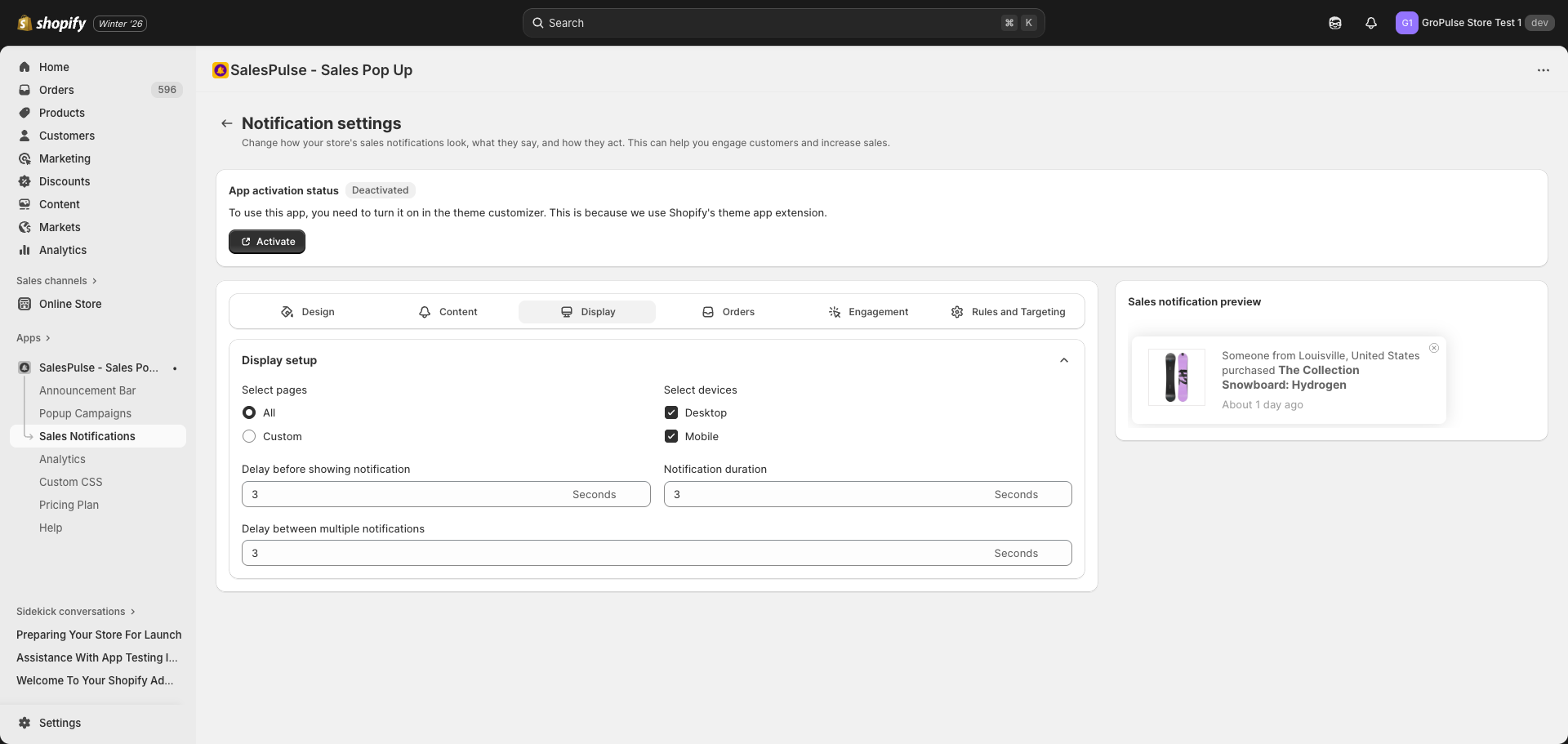 Display settings showing timing options