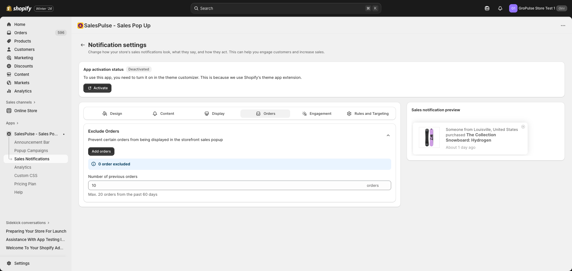 Order settings showing order configuration
