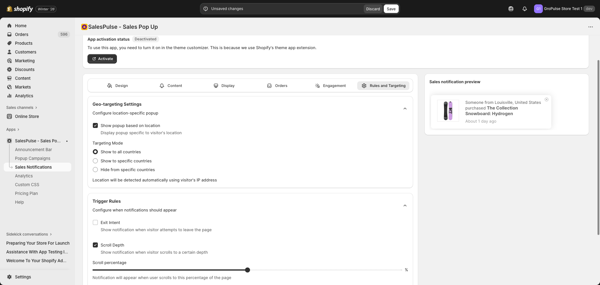 Trigger rules settings expanded