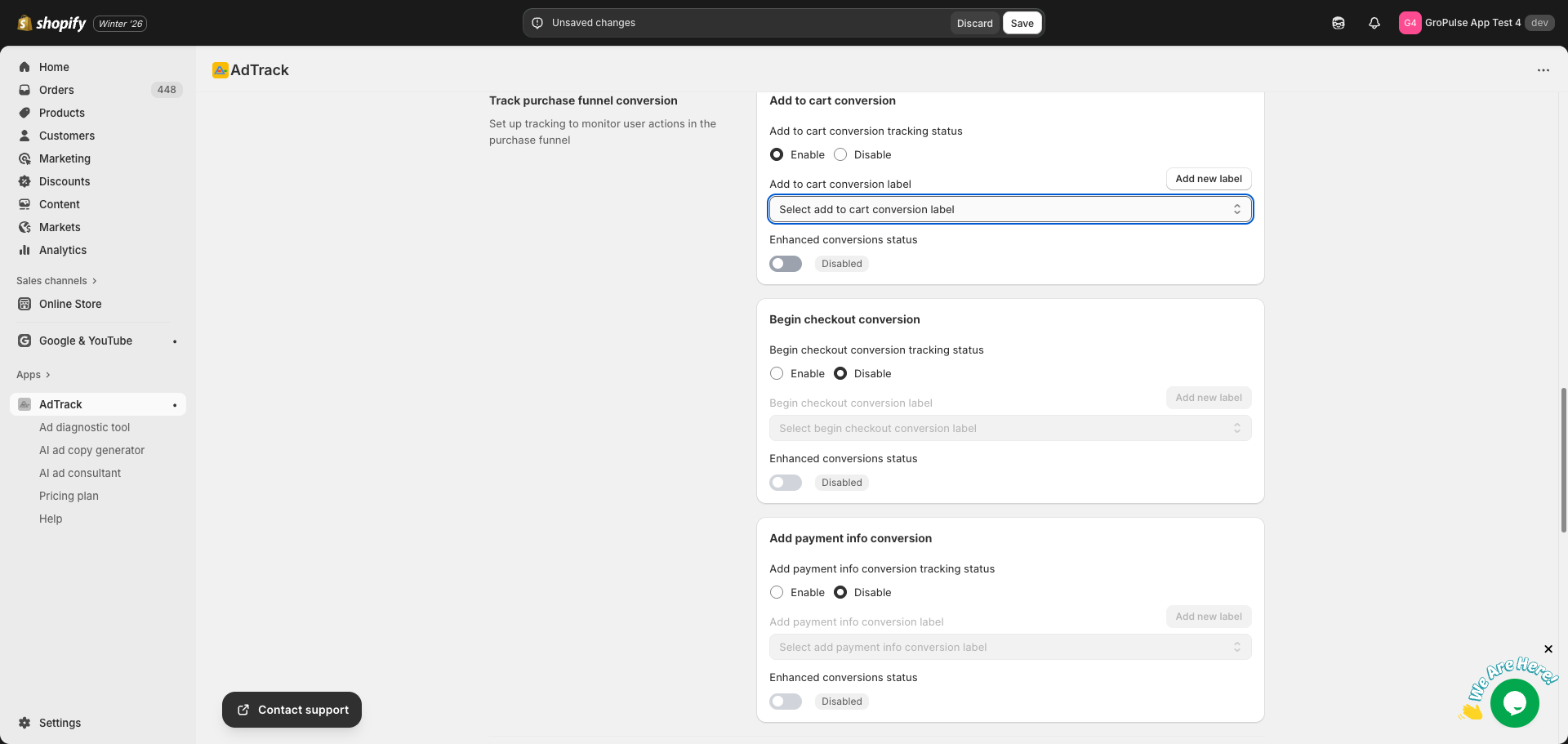 Add to Cart Conversion Label dropdown