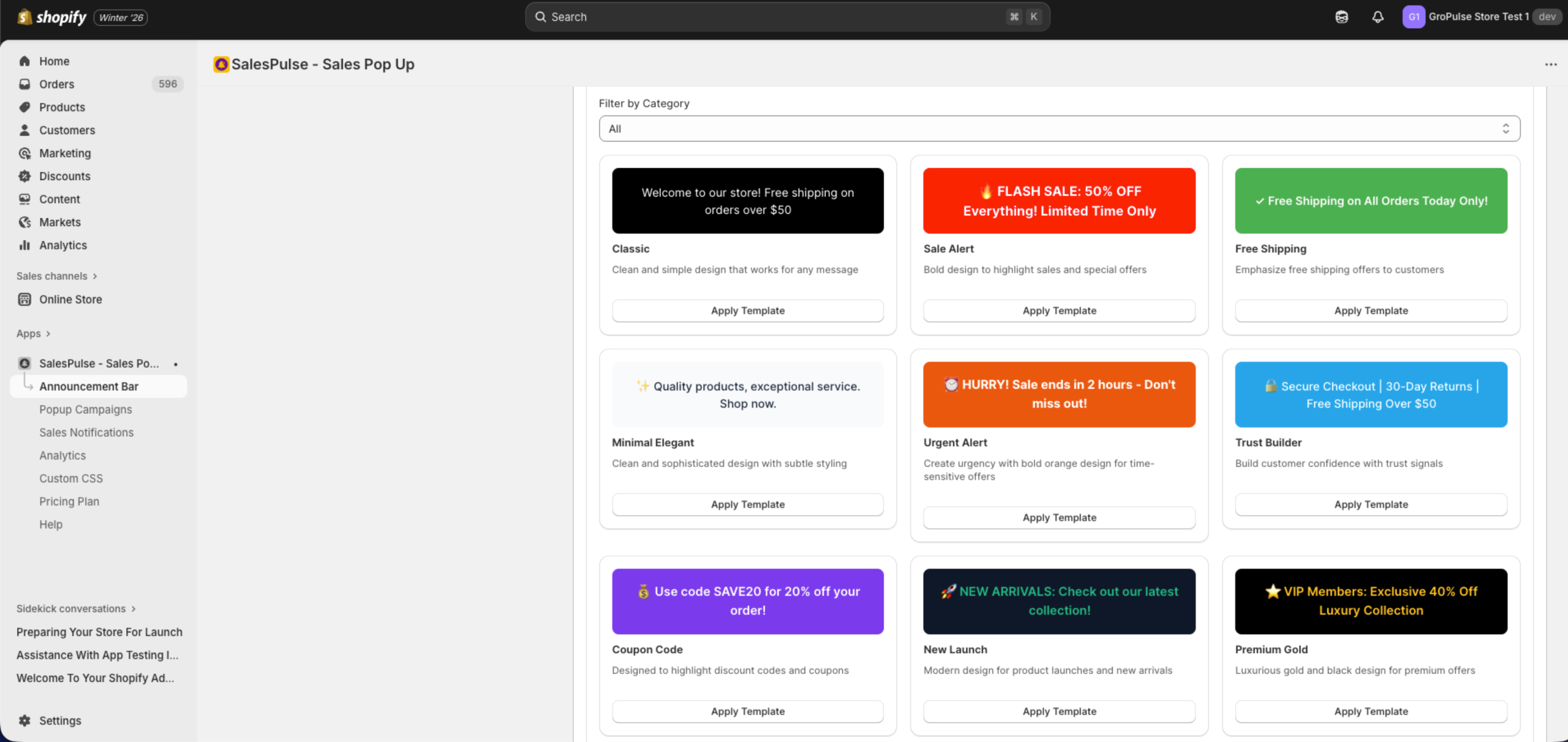 Announcement Bar Editor with Template Library tab