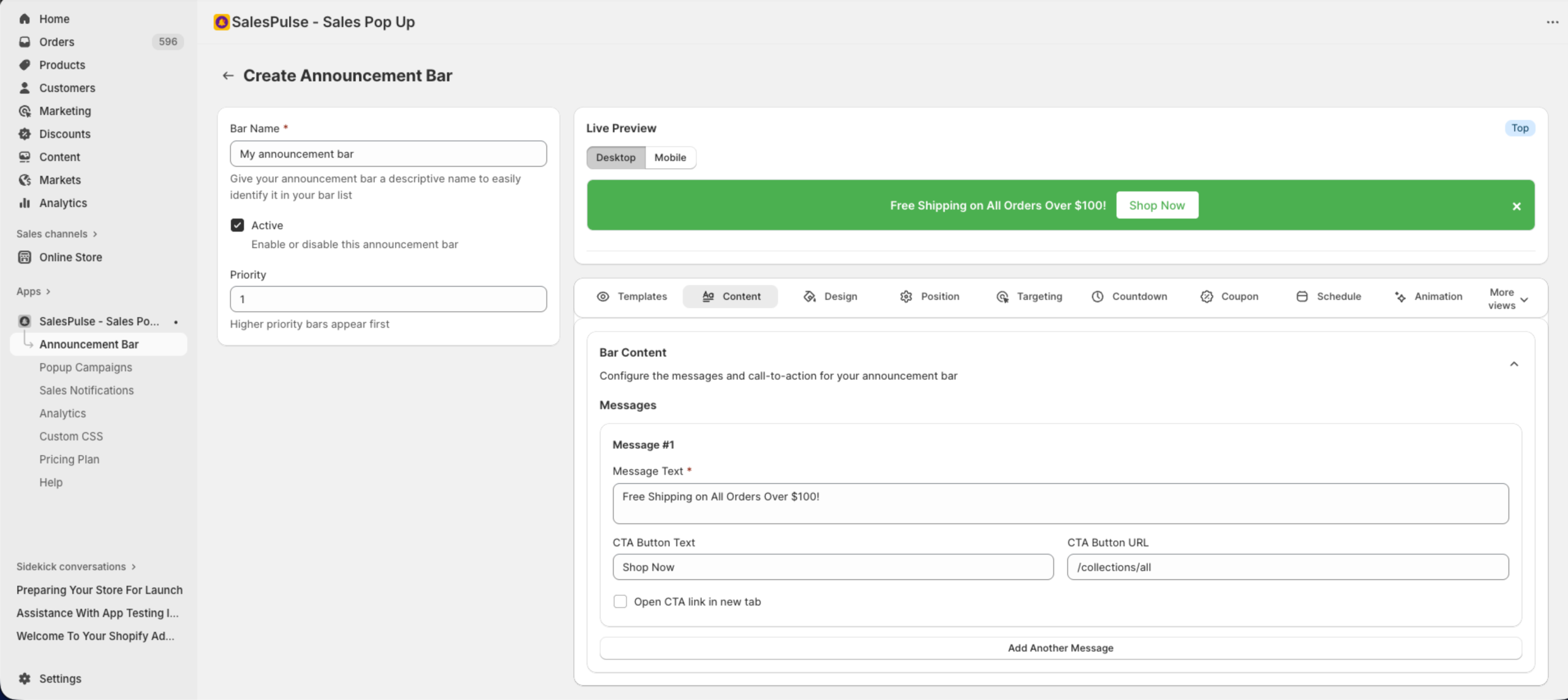 Content Settings tab showing message and CTA configuration