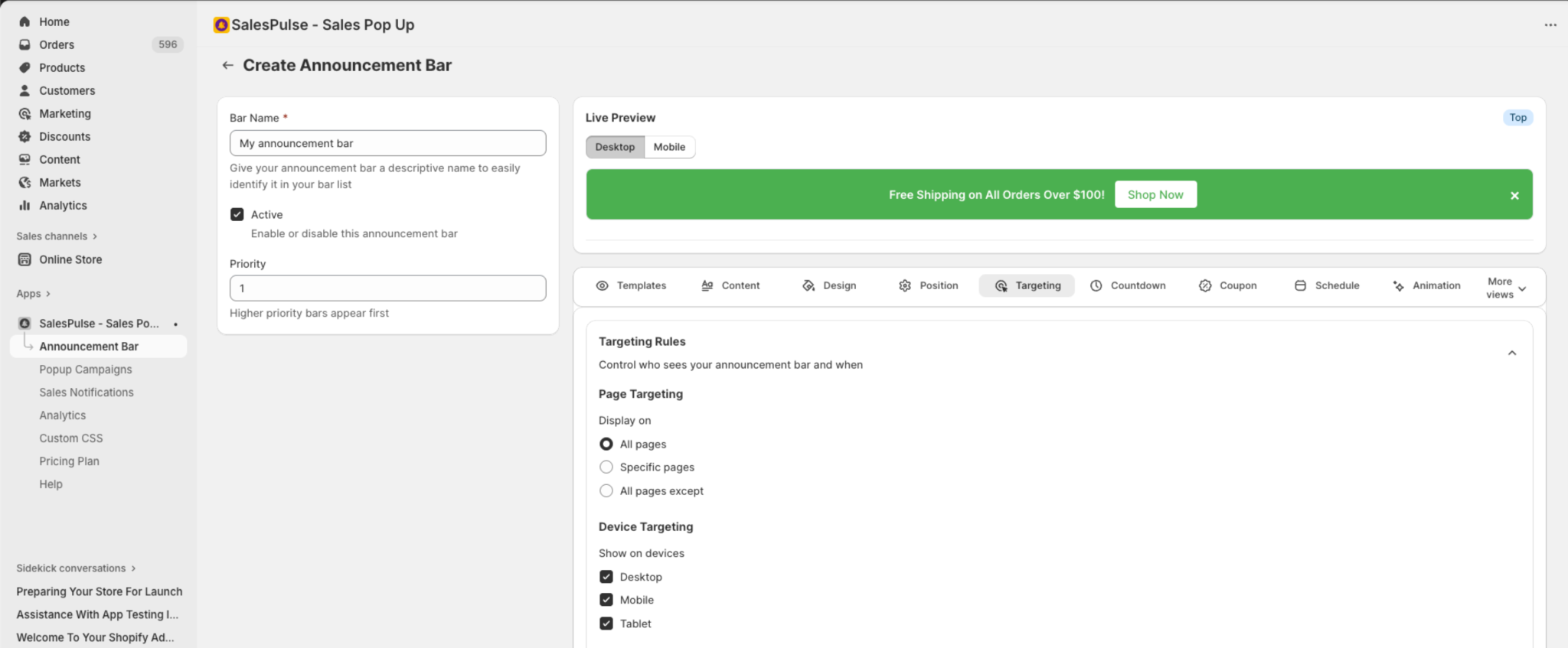 Targetting Setting Announcement Bar Placement - GroPulse