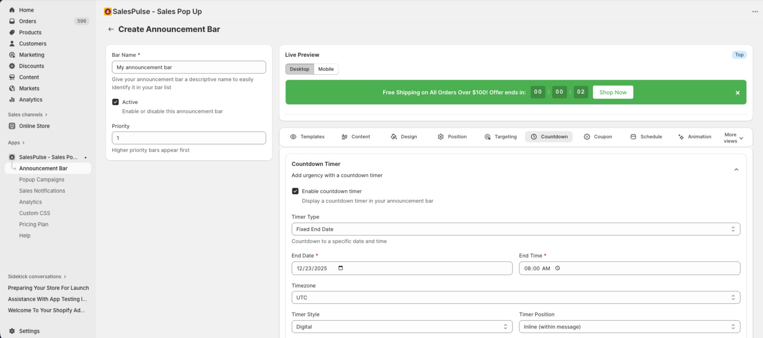 Countdown Timer Settings showing timer configuration