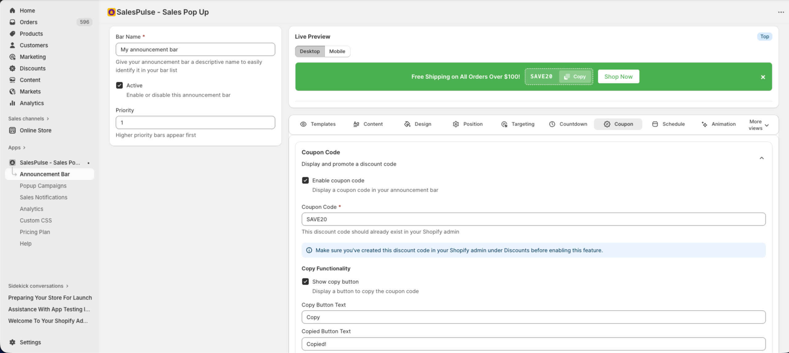 Coupon Code Settings showing code display and copy options