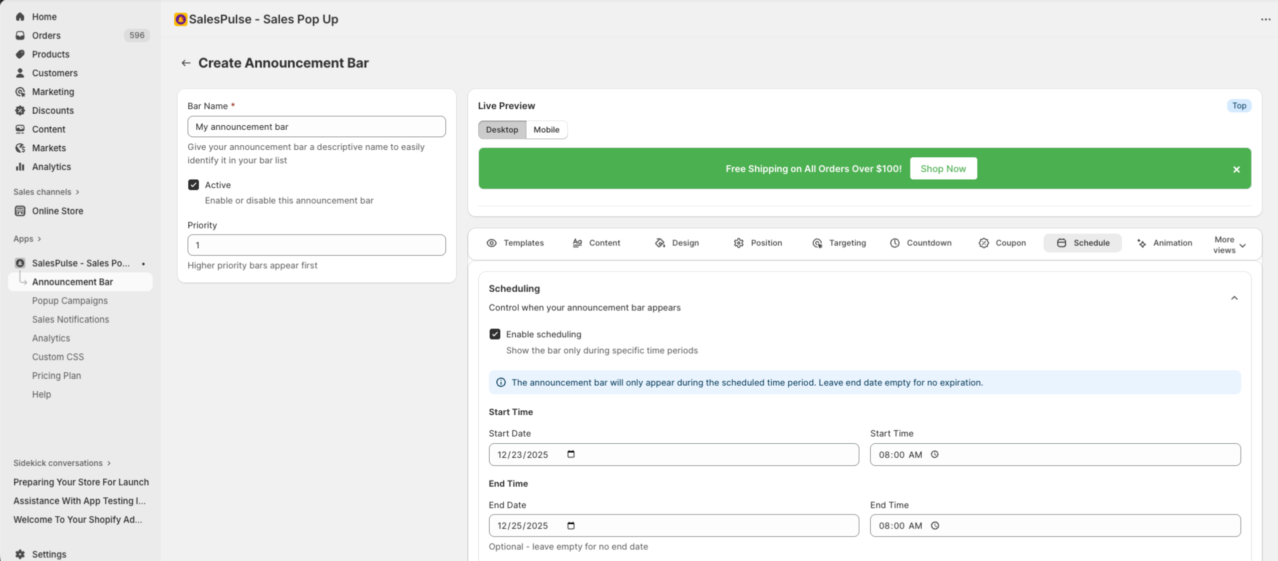 Scheduling Settings tab showing date and time configuration