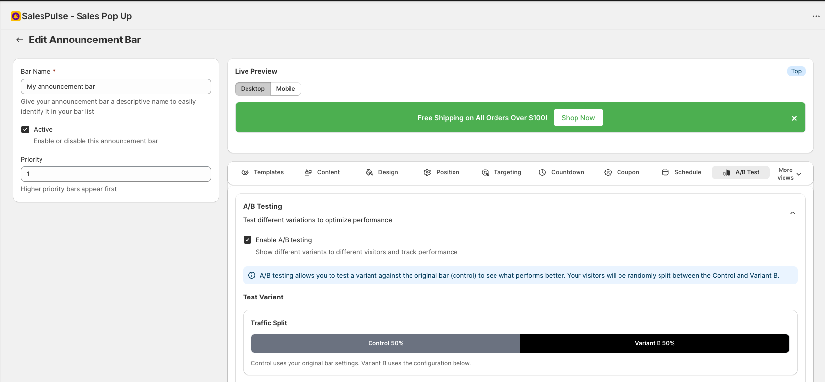 A/B Testing Settings showing variant configuration