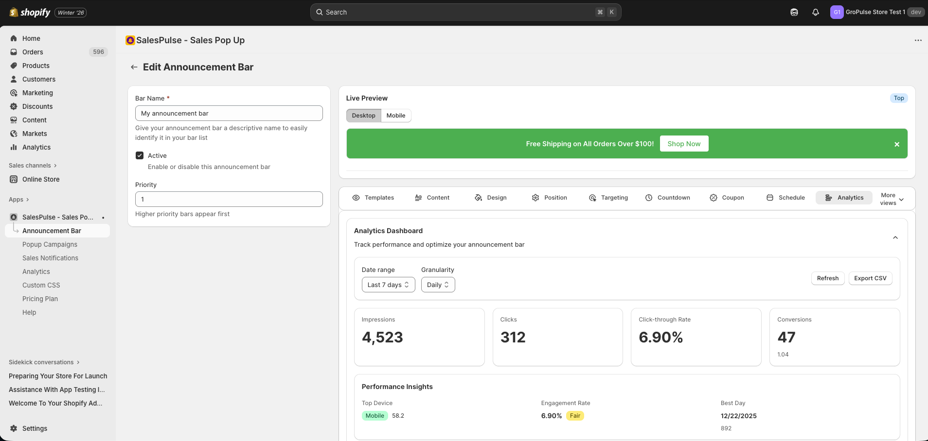 Analytics Dashboard showing performance metrics