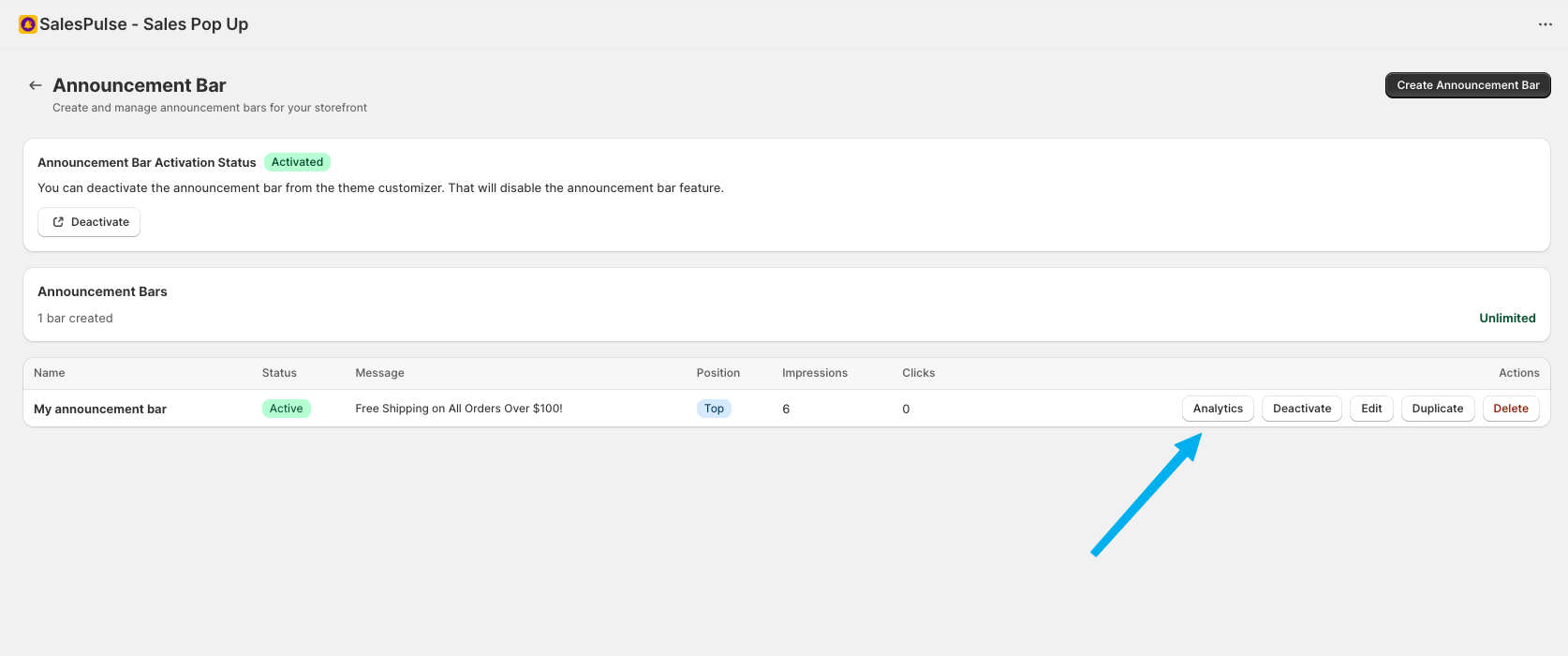 Announcement bar list with Analytics button in Actions column