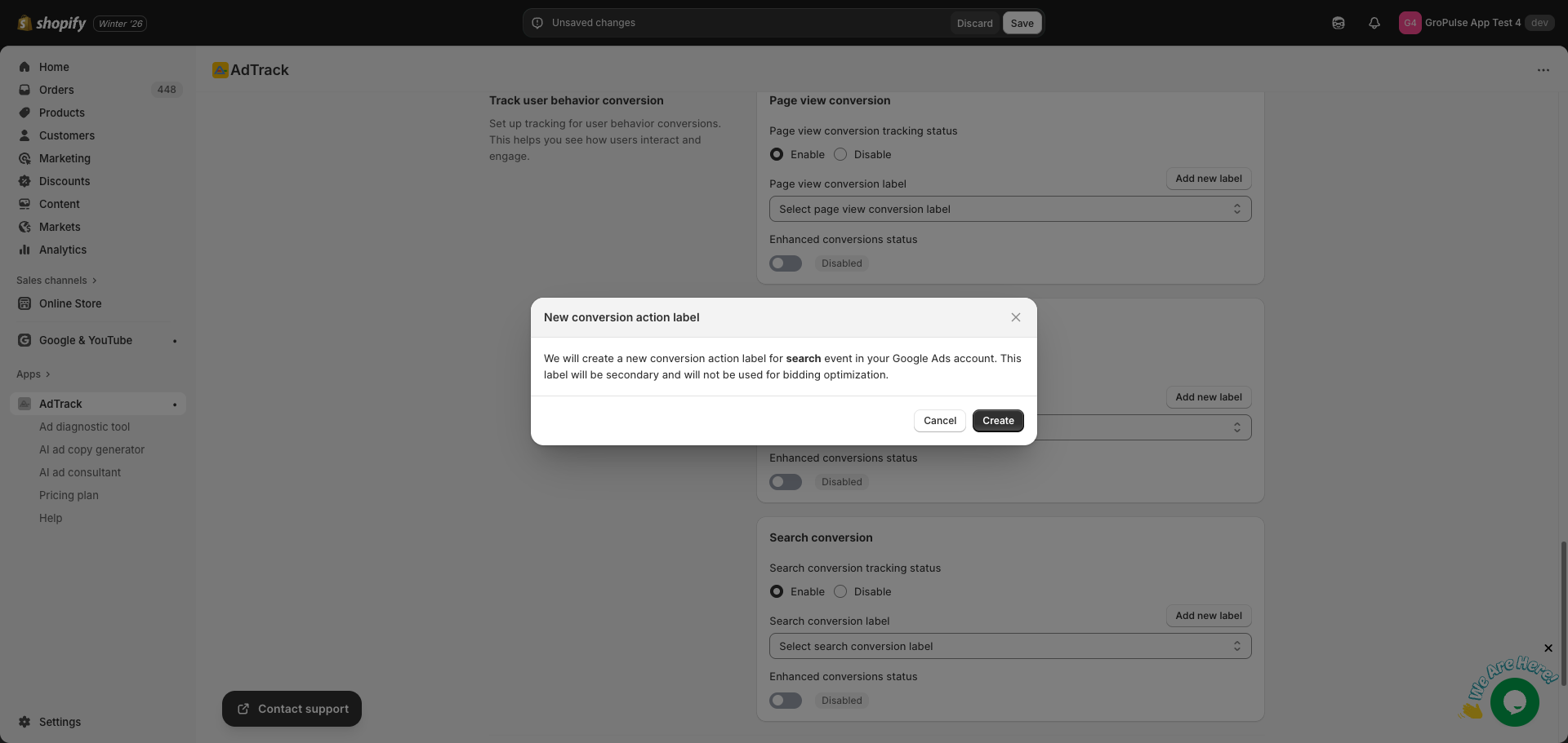 Create conversion action modal