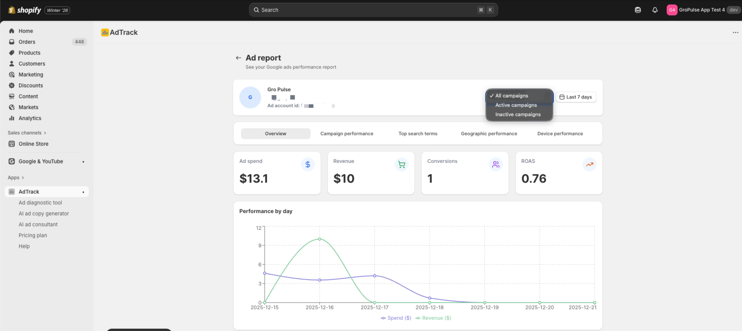 Campaign filter dropdown