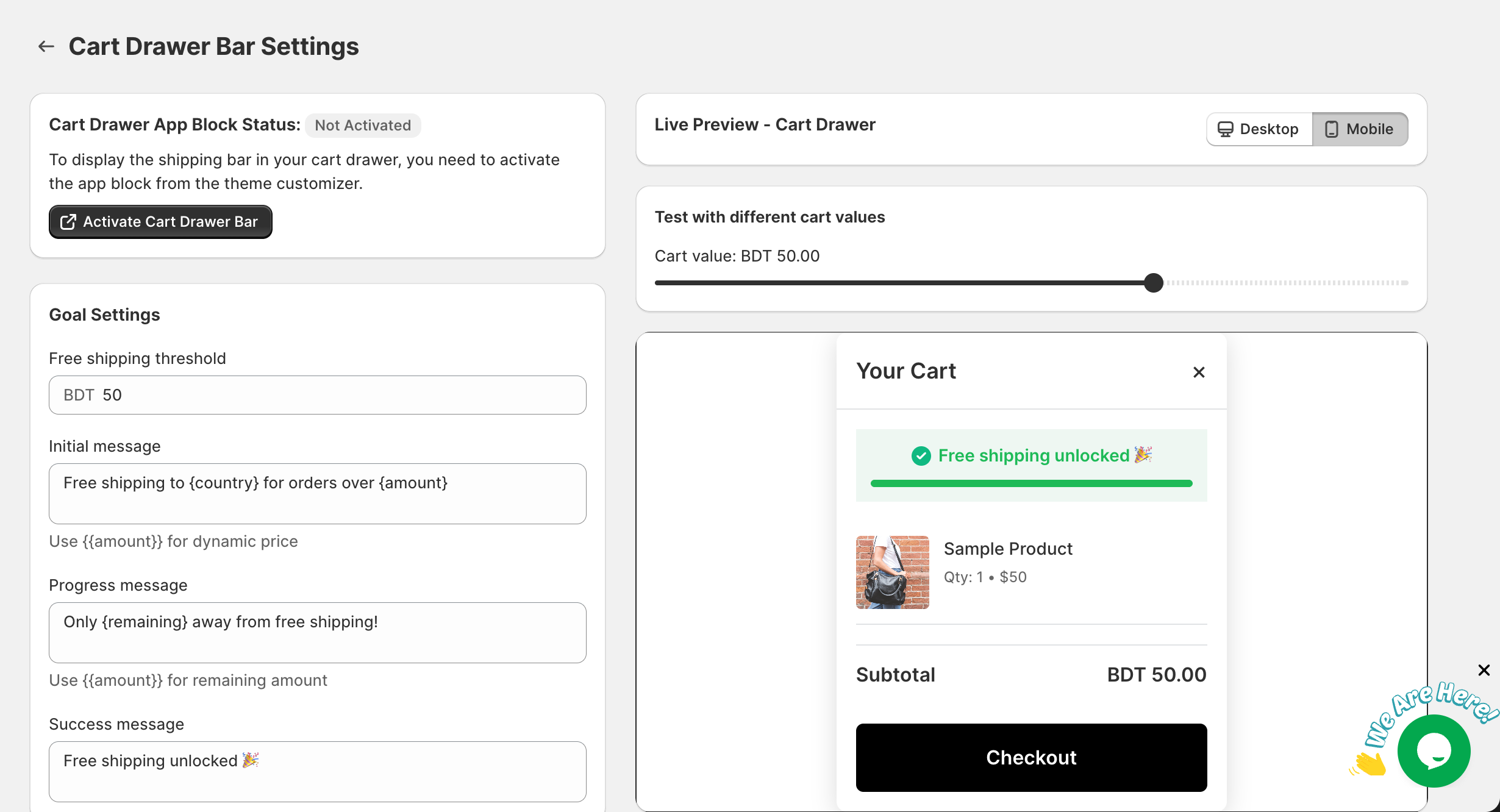 Cart Drawer Bar Settings