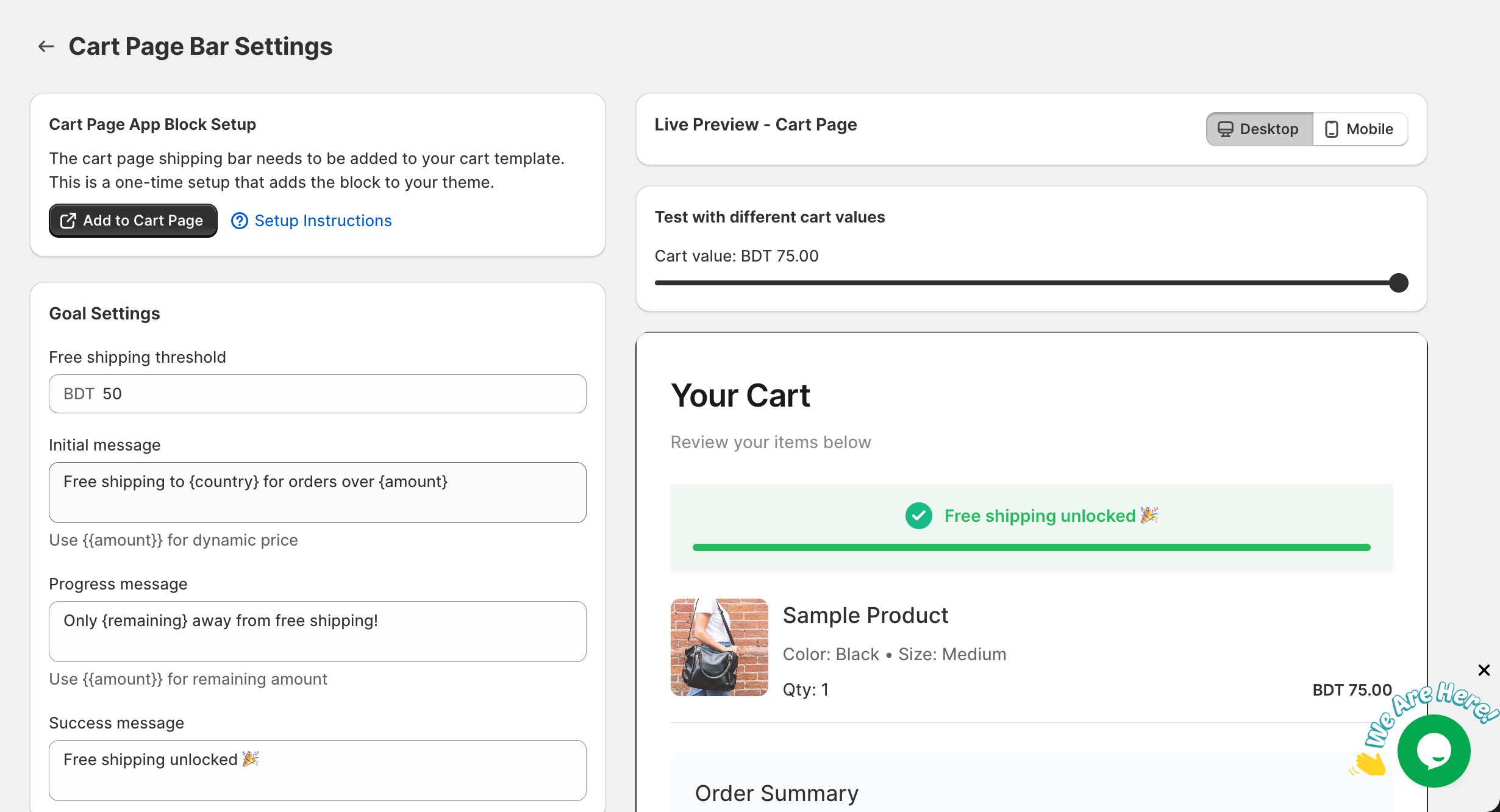 Cart Page Bar Settings