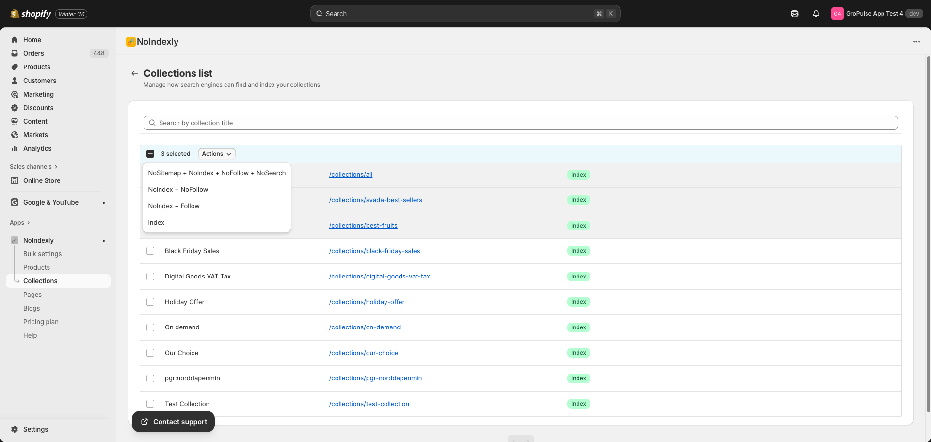 Collections Actions Menu