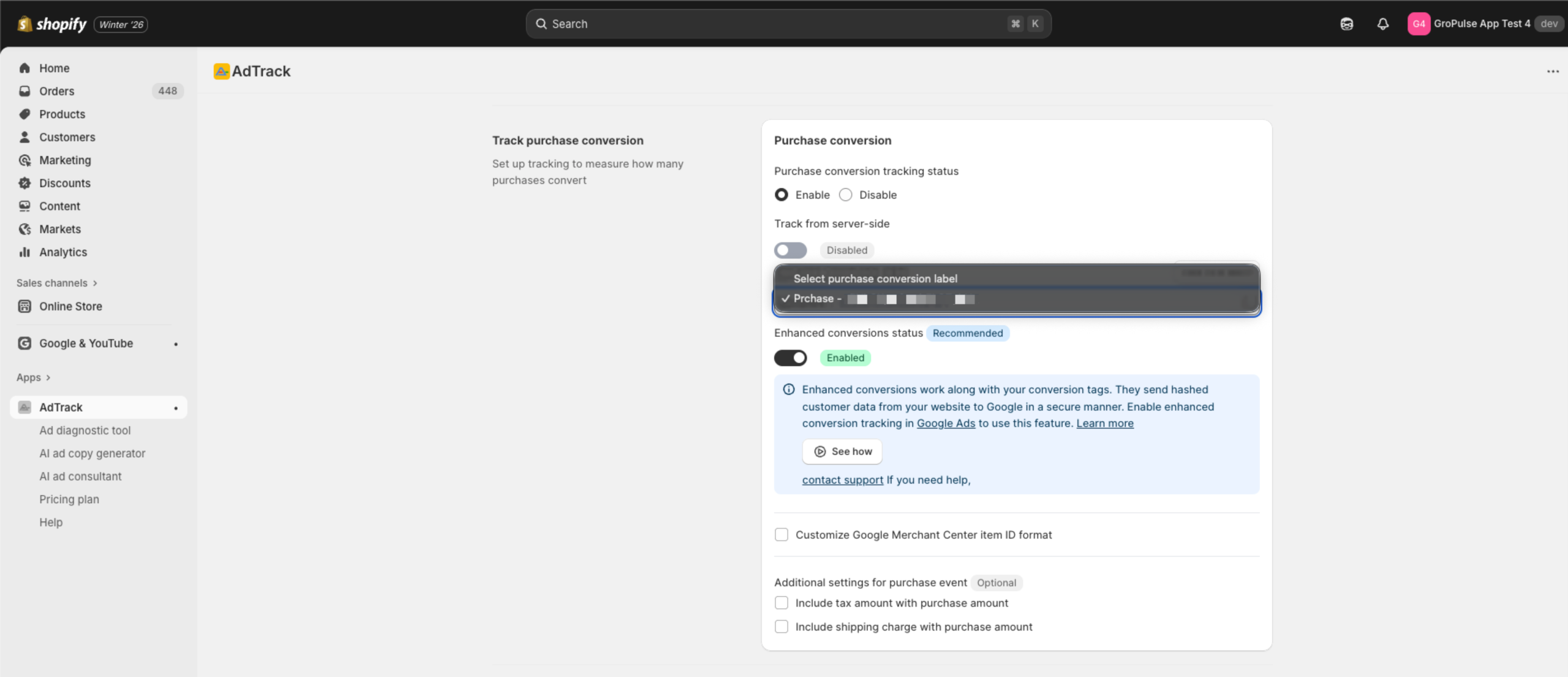 Conversion Label dropdown