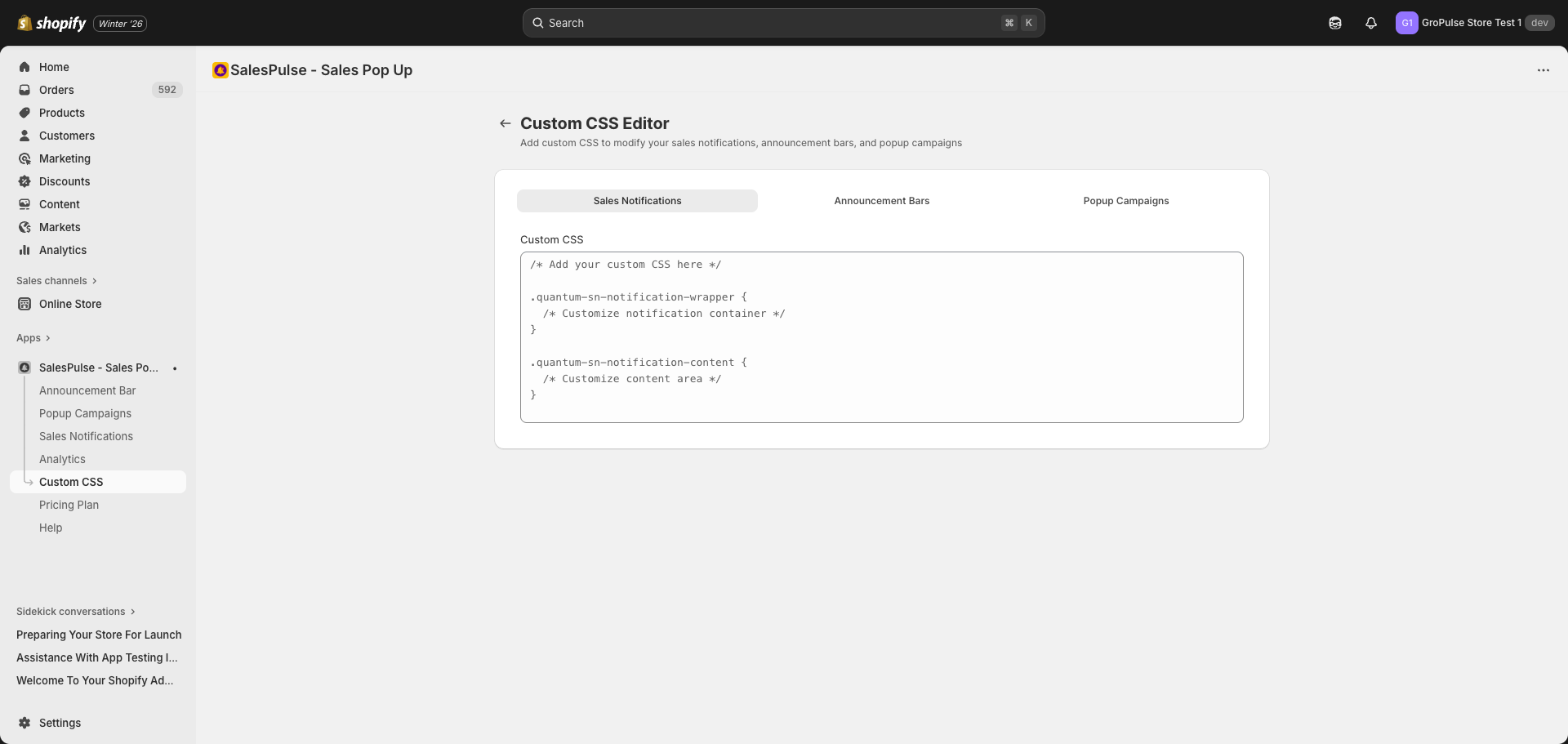 Custom CSS Editor with tabs for each feature