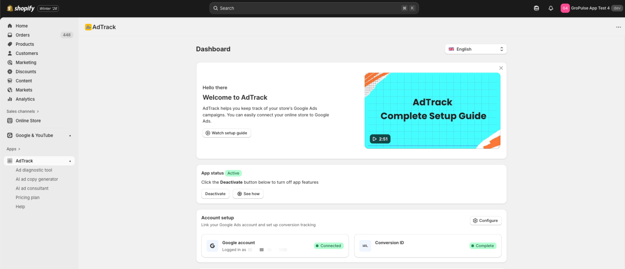 Dashboard Account Setup section