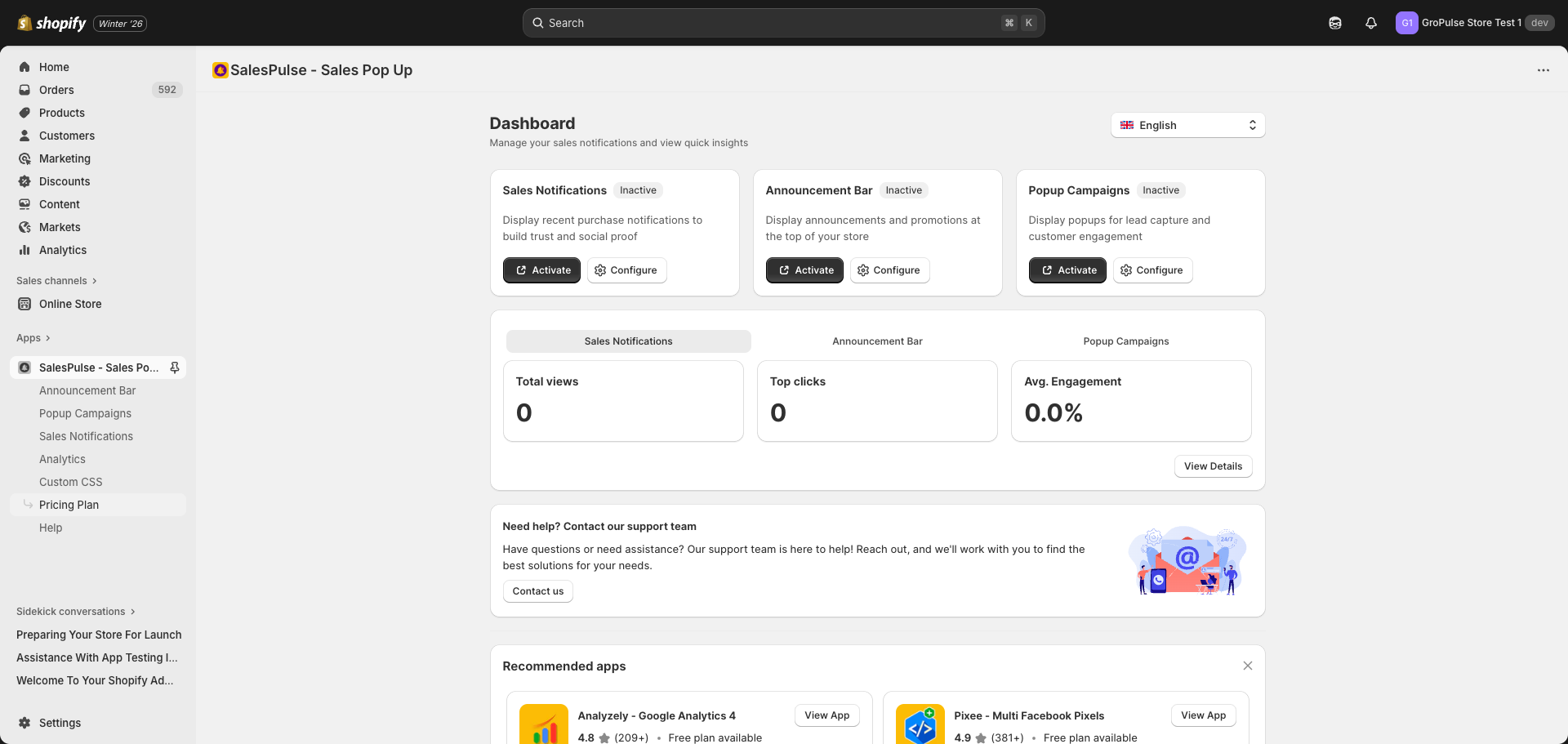 Dashboard showing activation status for all three features