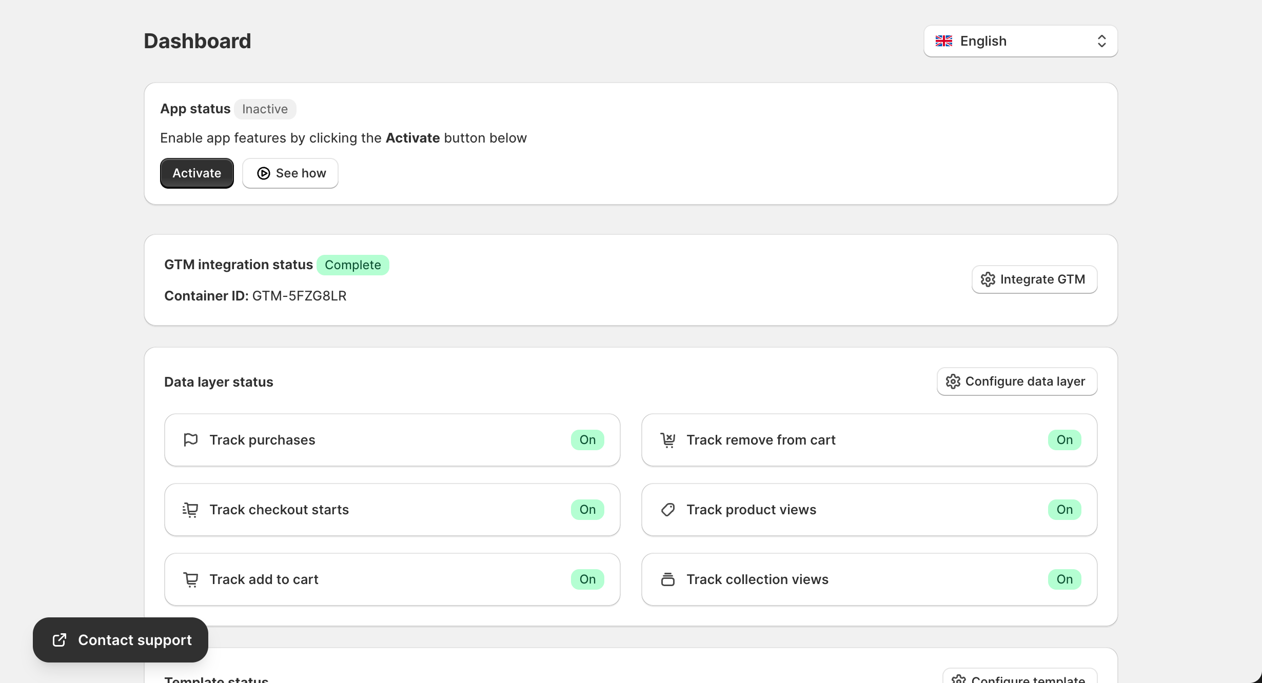 Dashboard showing app status and activation