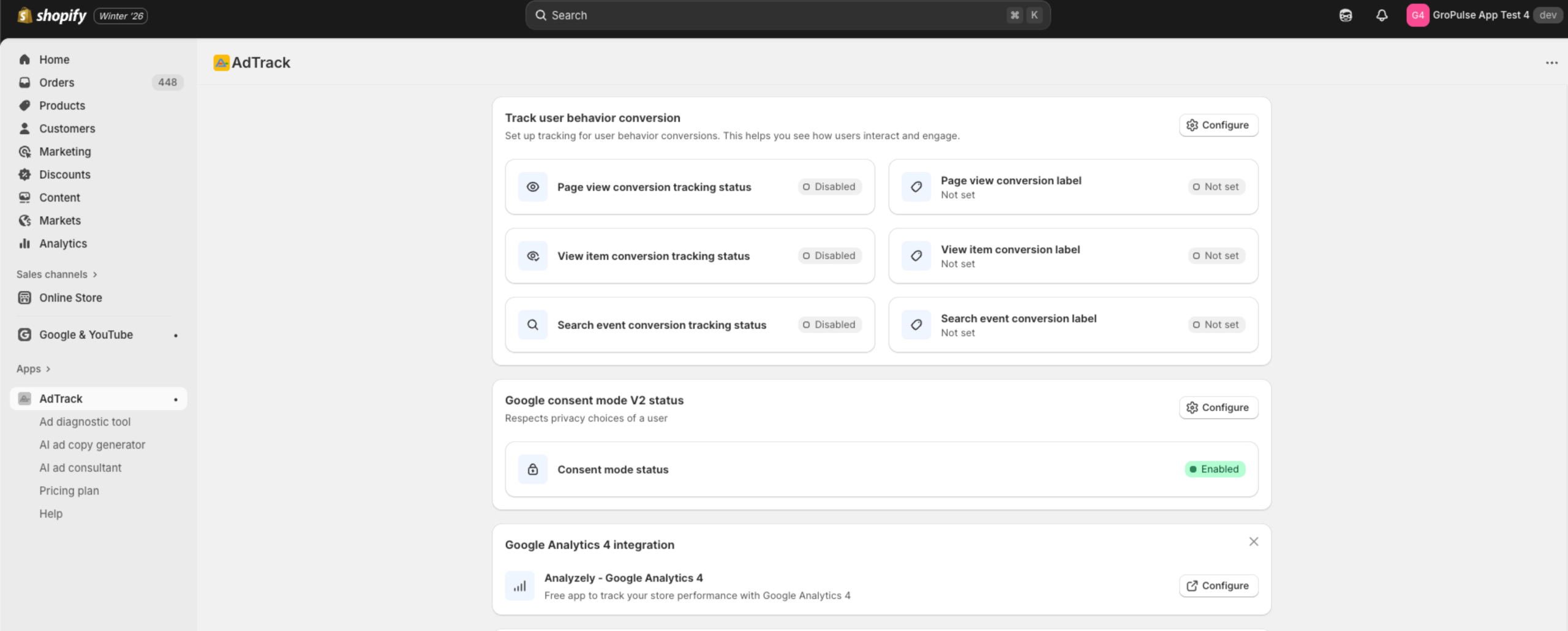 Dashboard Consent Mode section