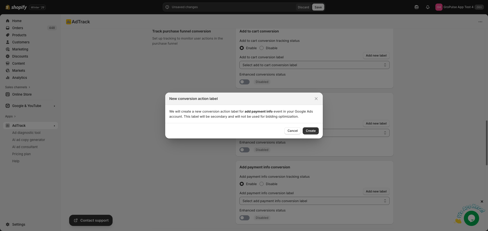 Create conversion action modal