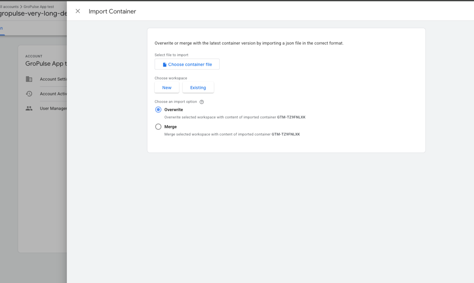 GTM Import Container Button