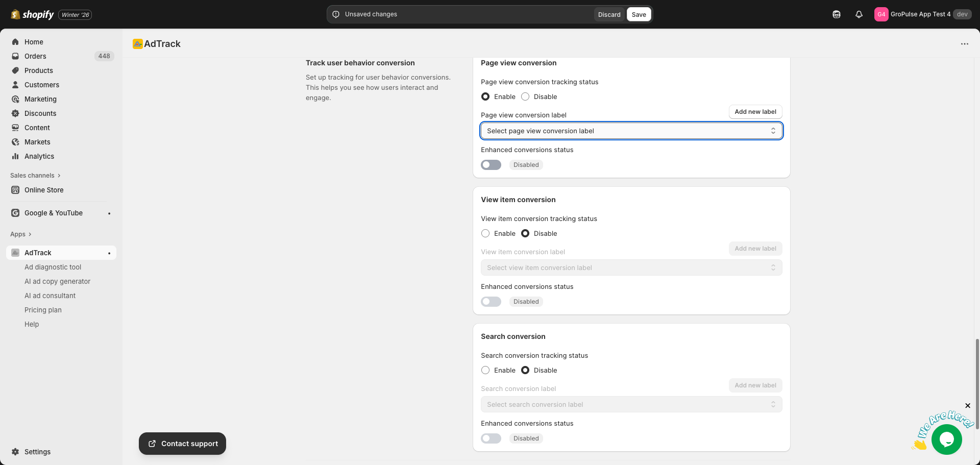 Page View Conversion Label dropdown