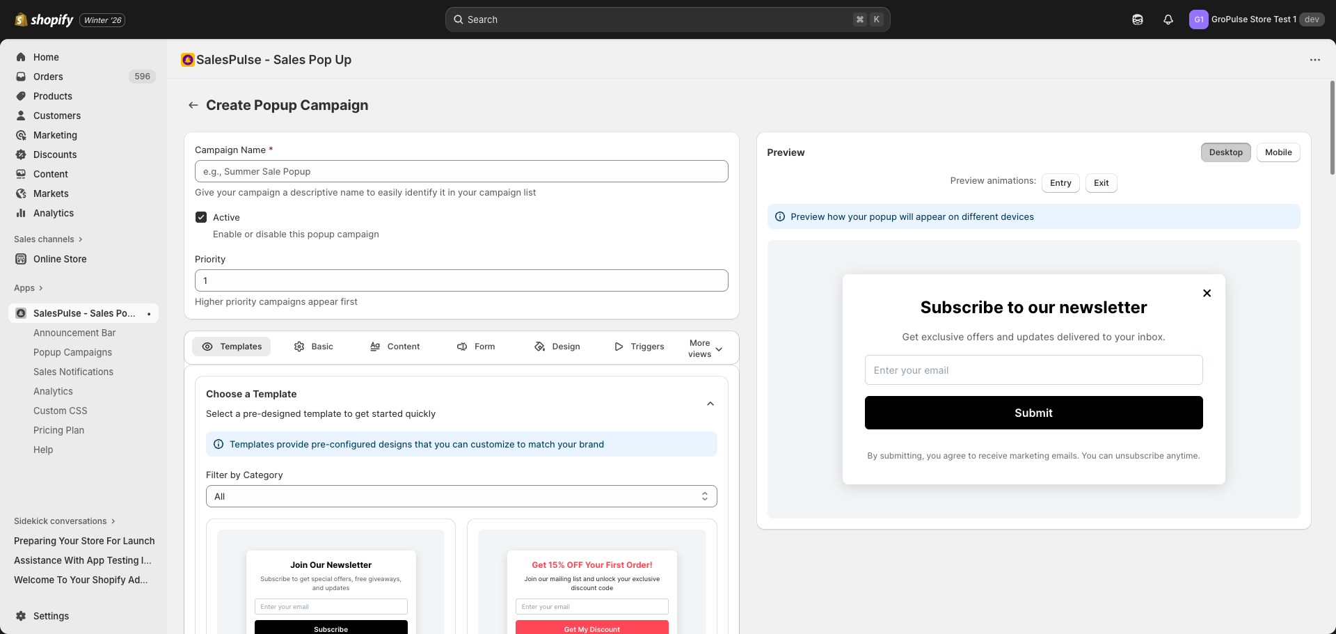 Popup Campaign Editor with Template Library tab