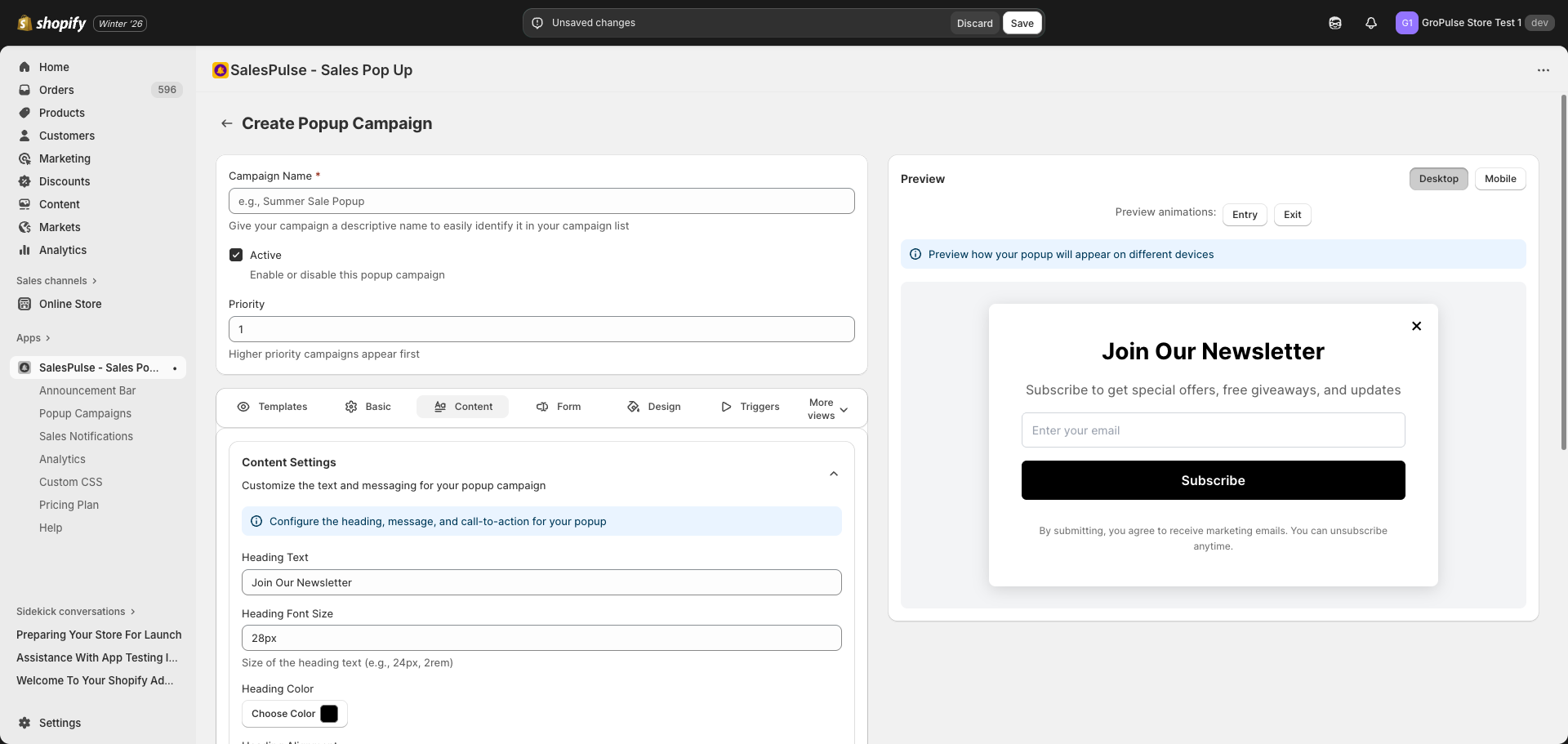Content Settings tab showing heading and message configuration