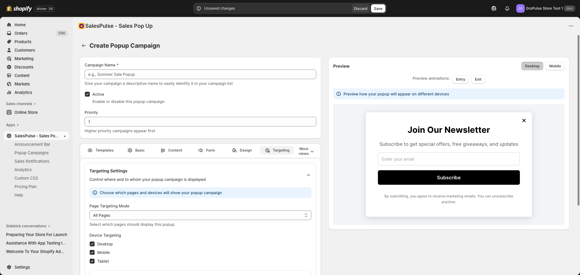 Targeting Settings tab showing page and device options