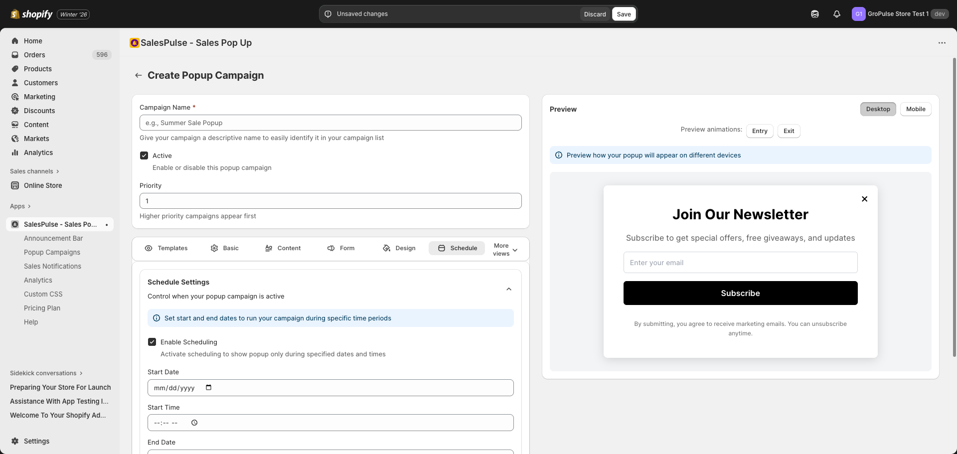 Schedule Settings tab showing date and time configuration
