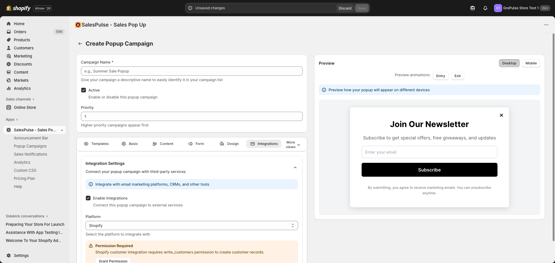 Integration Settings showing platform options