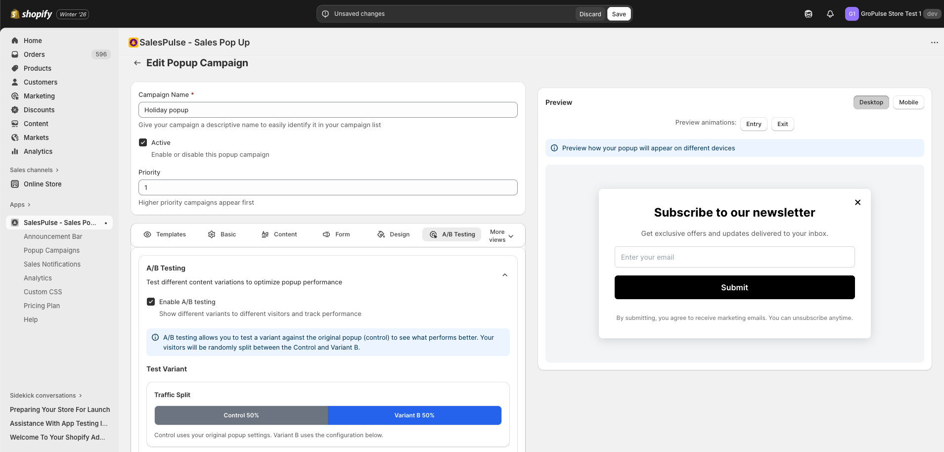 A/B Testing Settings showing variant configuration